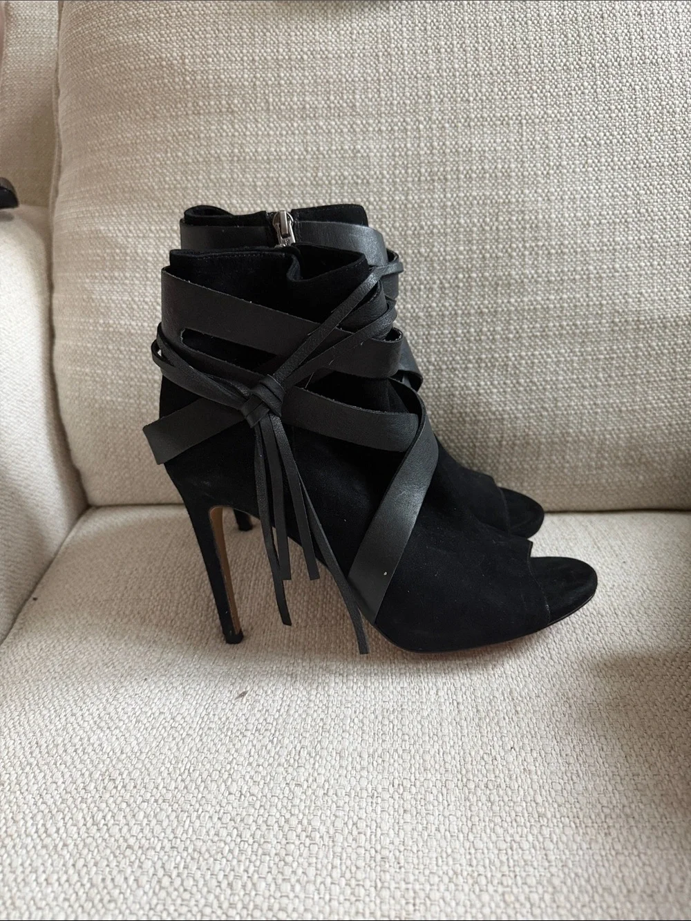 Black Suede Peep-Toe Ankle Booties with Wrap Straps
